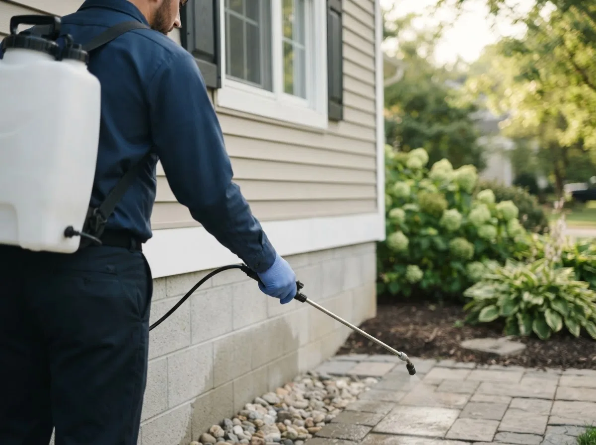 Pest control technician inspecting a home in Baldwinsville, NY